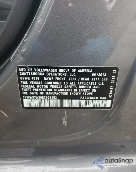 2014 Volkswagen Passat S z USA, uszkodzony, nr VIN 1VWAS7A30EC025452